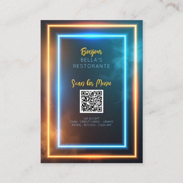 Neon Glowing Menu Restaurant QR Code Table Sign Business Card (Front)