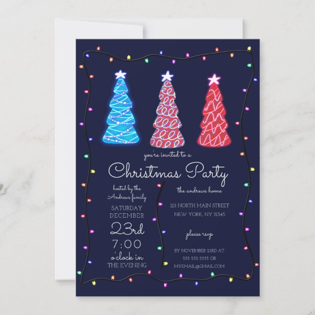 Neon Glowing Trees Lights Border Christmas Invitation (Front)