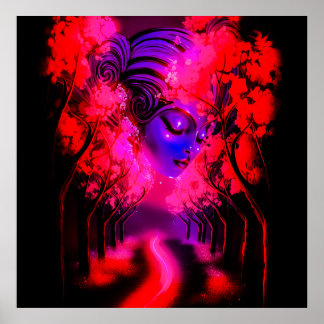 Neon Goddess in Enchanted Forest Poster