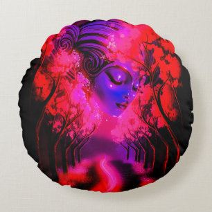 Neon Goddess in Enchanted Forest Round Pillow