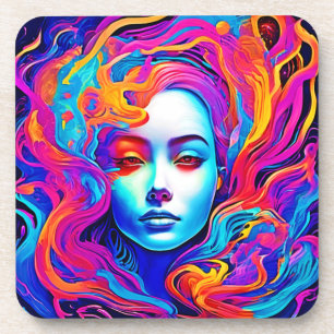 Neon Goddess with Flowing Cosmic Hair Coaster