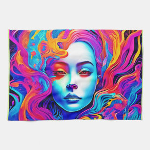 Neon Goddess with Flowing Cosmic Hair Kitchen Towel