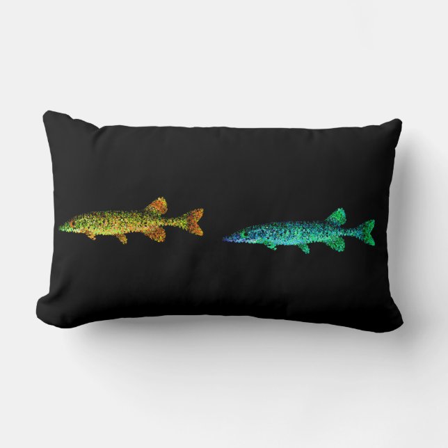 Neon Gold Yellow, Blue Shinny Long Fish and  Black Lumbar Pillow (Front)