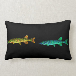 Neon Gold Yellow, Blue Shinny Long Fish and Black Lumbar Pillow