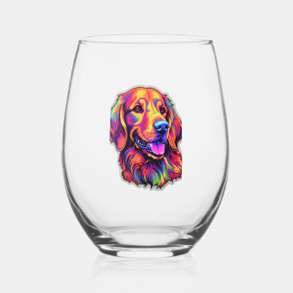 Neon Golden Retriever   Stemless Wine Glass