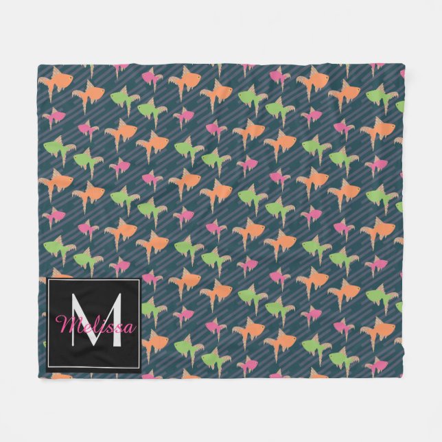 Neon Goldfish Colourful Fun Monogram Custom Name Fleece Blanket (Front (Horizontal))