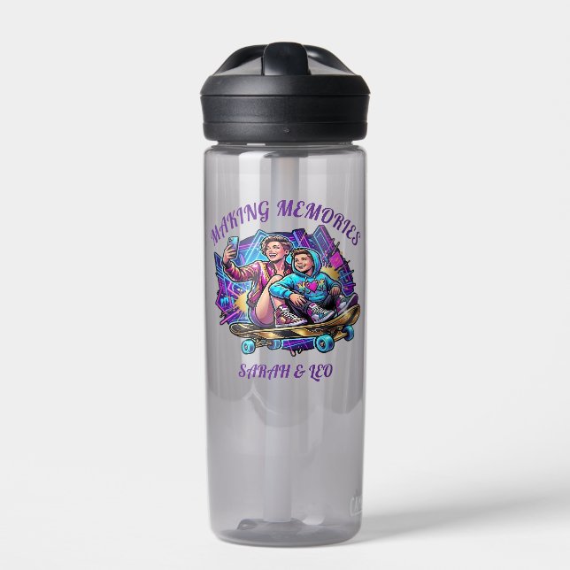 Neon Graffiti Cool Mom & Son Skateboard Water Bott Bottle (Front)