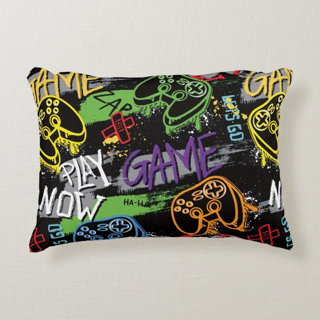 Neon Graffiti Gaming Pattern Accent Pillow (Front)