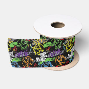 Neon Graffiti Gaming Pattern Satin Ribbon