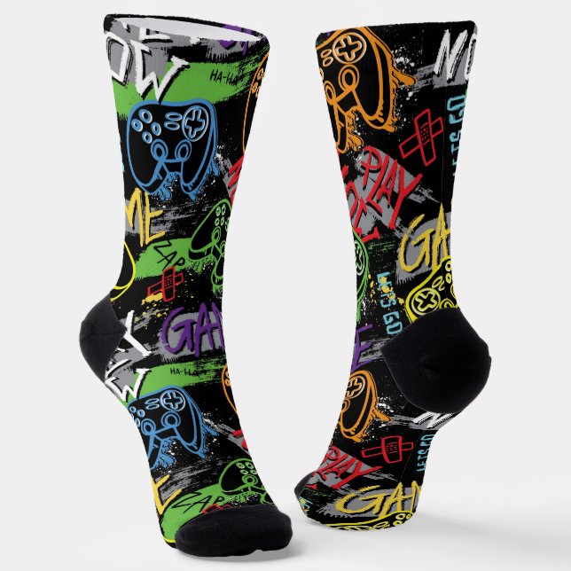 Neon Graffiti Gaming Pattern Socks (Angled)