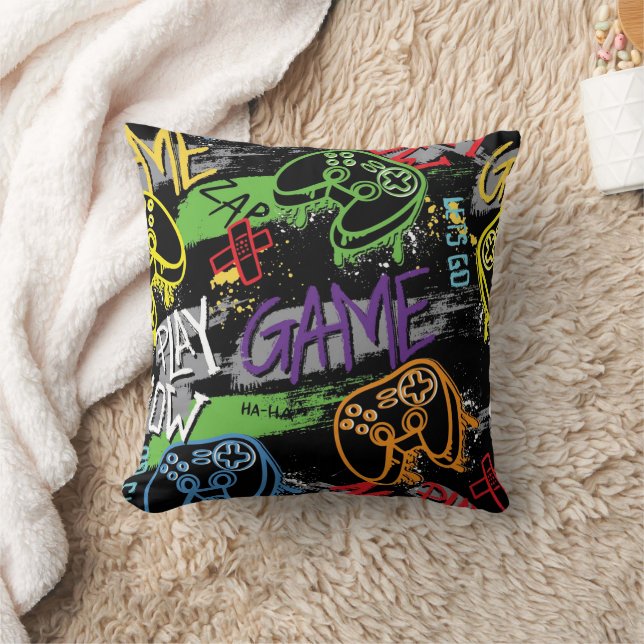 Neon Graffiti Gaming Pattern Throw Pillow (Blanket)