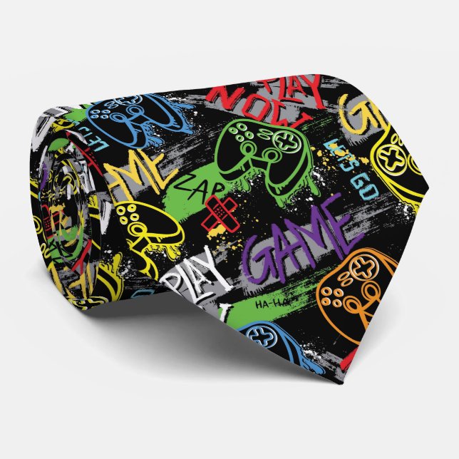 Neon Graffiti Gaming Pattern Tie (Rolled)