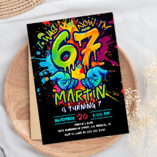 Neon Graffiti Six Seven 7th Birthday Invitation