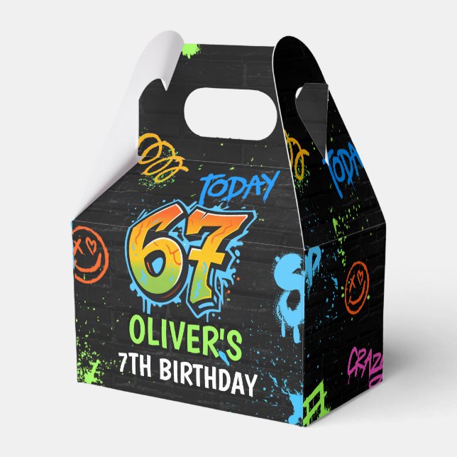 Neon Graffiti Six Seven Kids 7th Birthday Party Favor Box (Front Side)