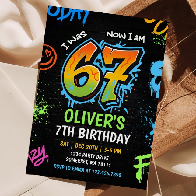 Neon Graffiti Six Seven Kids 7th Birthday Party Invitation (Creator Uploaded)