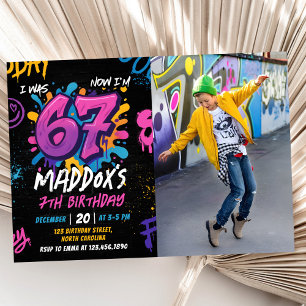 Neon Graffiti Six Seven Kids 7th Birthday Photo Invitation