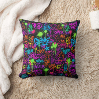 Neon Graffiti Street Art Collage Pattern Throw Pillow