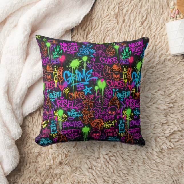 Neon Graffiti Street Art Collage Pattern Throw Pillow (Blanket)