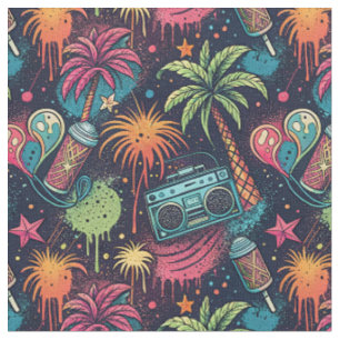 Neon Graffiti Tropical Boombox Street Art Pattern Fabric