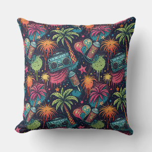 Neon Graffiti Tropical Boombox Street Art Pattern Throw Pillow