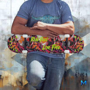 Neon Graffiti & Yellow 'Ride Fast Live Free' Motto Skateboard