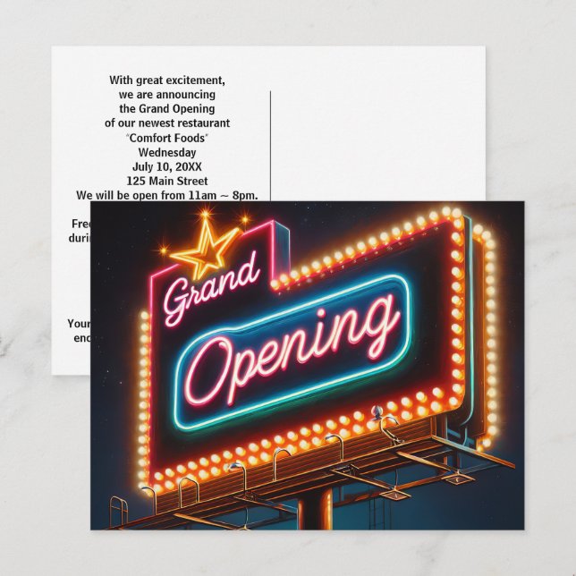 Neon Grand Opening Billboard For New Business Postcard (Front/Back)