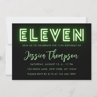 Neon Green 11th Birthday Invitation
