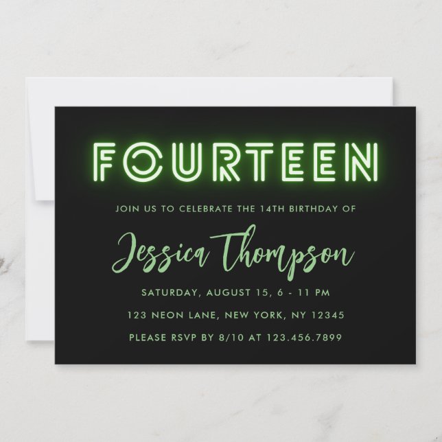 Neon Green 14th Birthday Invitation (Front)