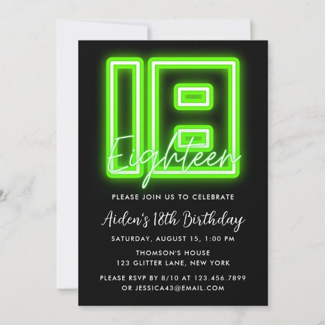 Neon Green 18th Birthday Invitation (Front)