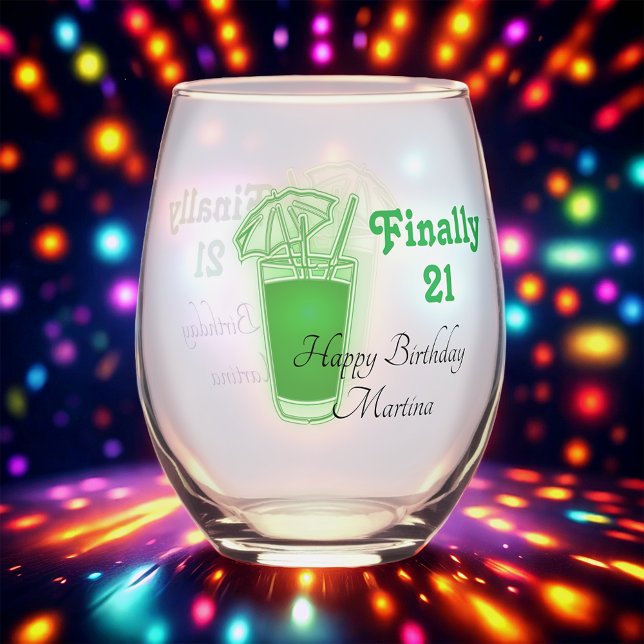 Neon Green 21st Birthday Stemless Wine Glass (Creator Uploaded)