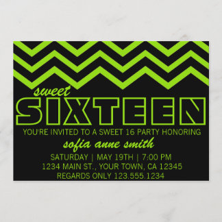 Neon Green and Black Chevron Sweet 16 Invitation