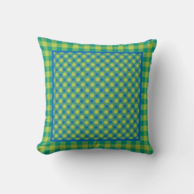 Neon Green and Blue Polka Dots and Check Gingham Throw Pillow (Front)