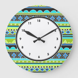 Neon Green and blue tribal pattern numbered clock