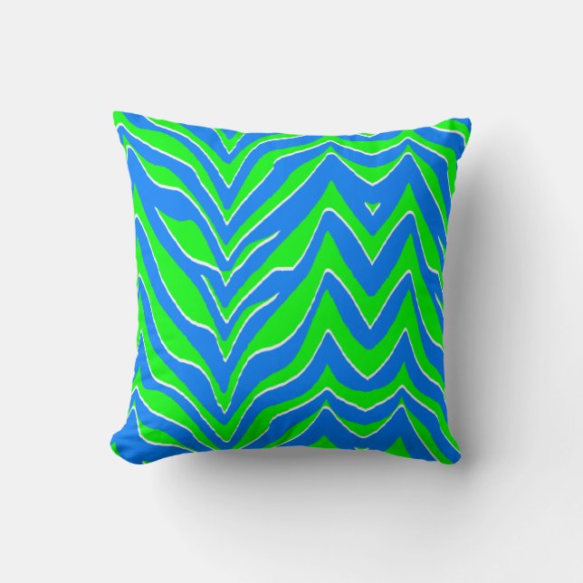 Neon Green and Blue Zebra Stripes Throw Pillow (Front)