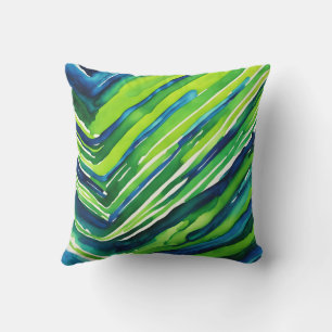 Neon Green and Dark Blue Stripes Art Throw Pillow
