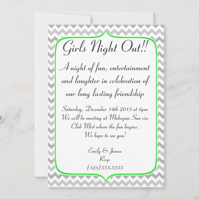Neon Green and Grey Chevron Girls Night Out Invitation (Front)