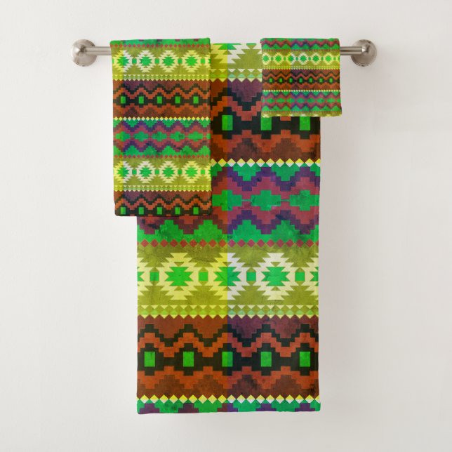 Neon Green and orange aztec pattern Bath Towel Set (Insitu)