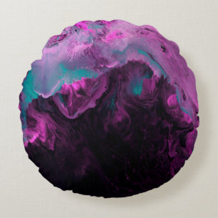 Neon green and purple creative painting, abstract round pillow