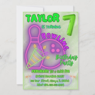 Neon Green and Purple Kids Bowling Birthday Party Invitation