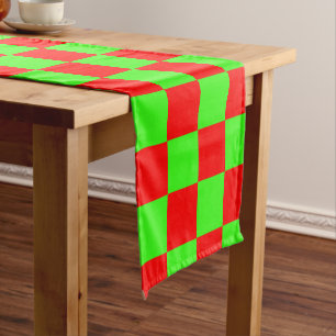 Neon Green and Red Chequered Chequerboard Vintage Short Table Runner