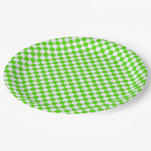 Neon Green and White Chequered Paper Plates