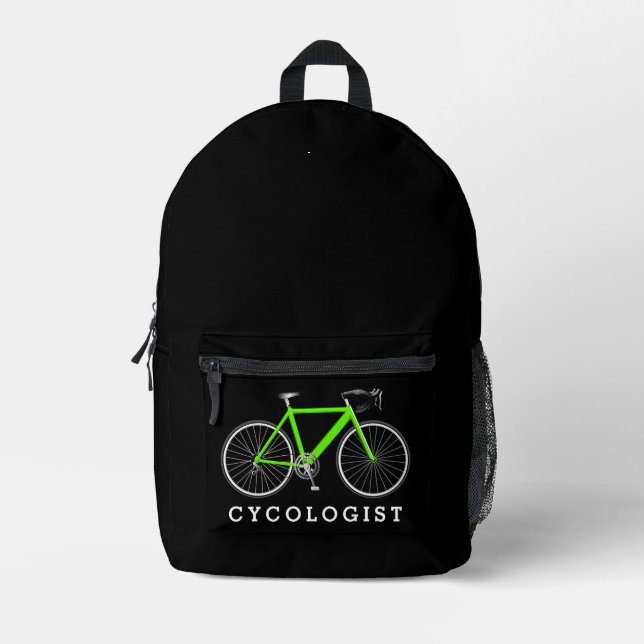 Neon Green Bike With Cycologist Text Printed Backpack (Front)