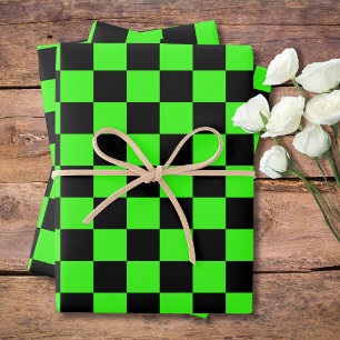 Neon Green Black Checkered Checkerboard Vintage Wrapping Paper Sheet
