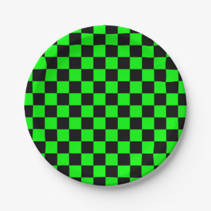 Neon green black checkers paper plate