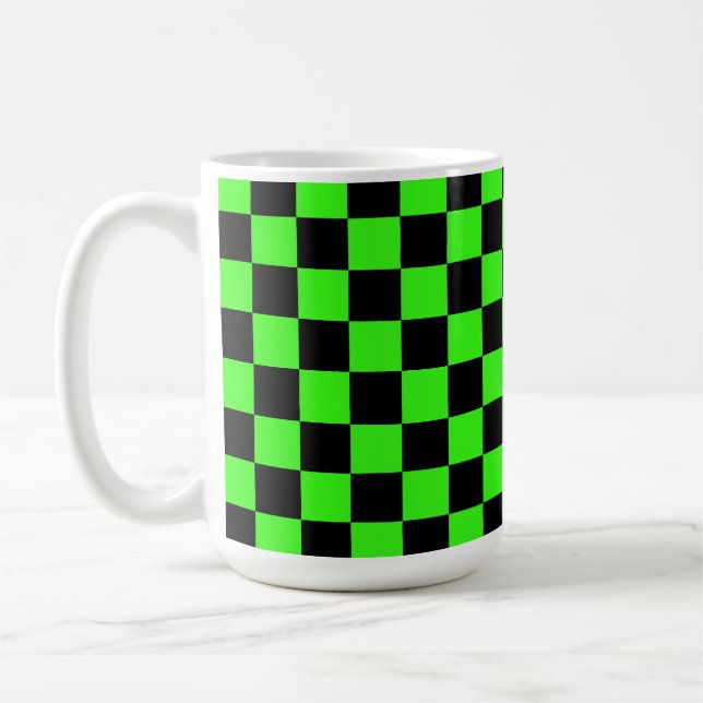 Neon Green Black Chequered Chequerboard Vintage Coffee Mug (Left)