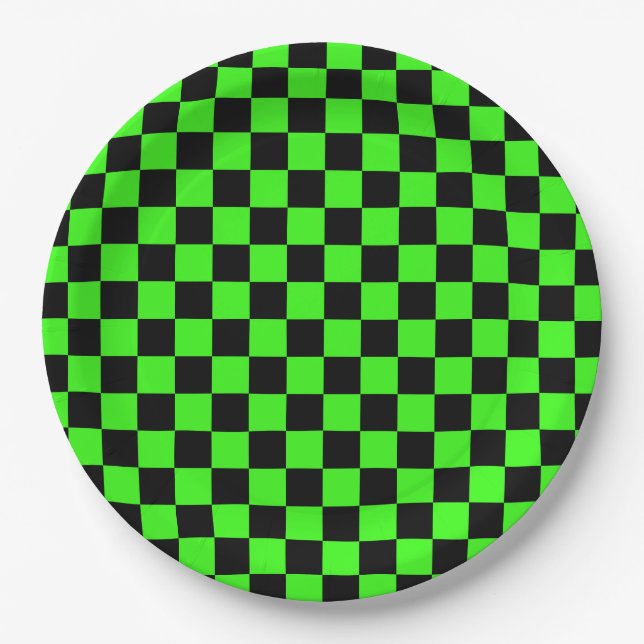 Neon Green Black Chequered Chequerboard Vintage Paper Plate (Front)