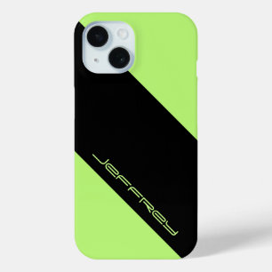 Neon Green & Black, One Stripe, Name, Minimalist iPhone 15 Case