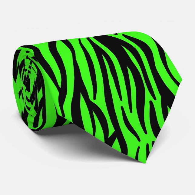 Neon Green Black Zebra Stripes Colourful Patterns Tie (Rolled)