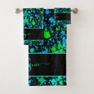 Neon Green Blue Paint Splatter Monogram Retro Bath Towel Set