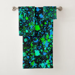 Neon Green Blue Paint Splatter Retro Bath Towel Set